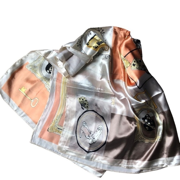 M.O.S.I Silky Square Vintage Scarf Cameo Women Peach Taupe Cream Sz. 35X35” - Picture 4 of 8